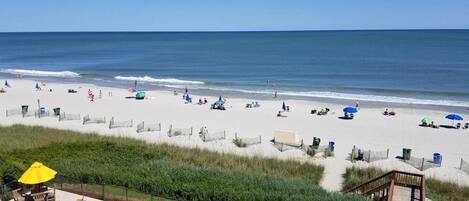 On the beach, sun loungers, beach towels
