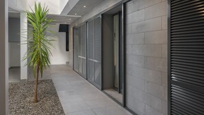 A modern hallway with a palm tree, tiled flooring, and a closed shutter door.