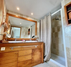 Shower, hair dryer, towels