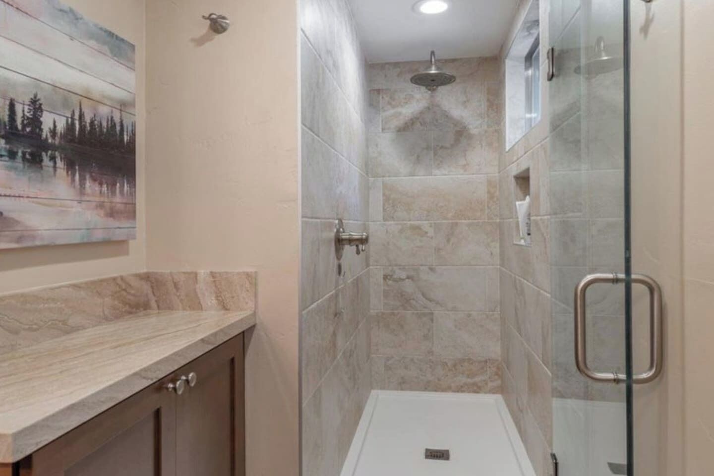 Un baño con ducha, encimera de mármol y un cuadro en la pared.