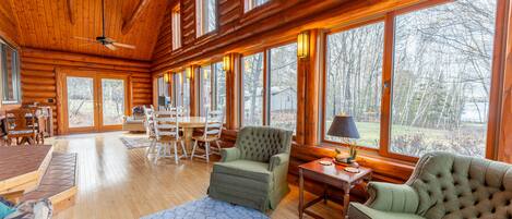 TV, fireplace, books