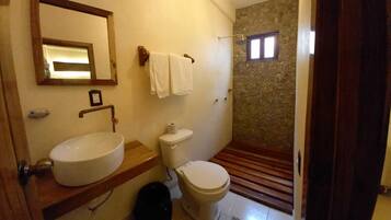 Shower, towels, soap, shampoo
