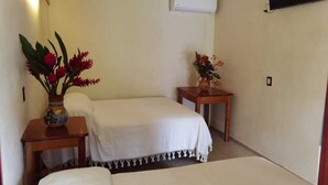 Una habitación con dos camas individuales, una mesita con un florero y un equipo de aire acondicionado en la pared.