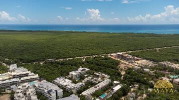 Vista aérea de un desarrollo costero con varios edificios, incluyendo residenciales y comerciales, rodeado de vegetación exuberante y una vista despejada del océano.