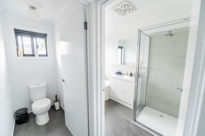 Hair dryer, towels, soap, toilet paper