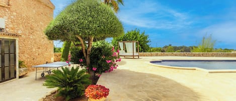 A pool area with a pergola, a palm tree, and a stone wall.