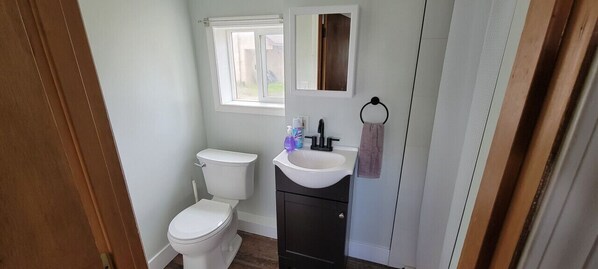 A bathroom with a toilet, sink, and window. - 10 minute walk to restaurants & trails - Convenient Location - #4 Slumber Village (Anchorage)
