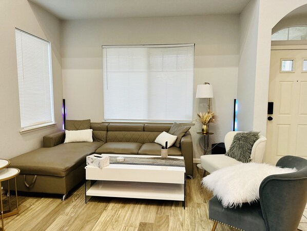 Smart TV, fireplace, video games, table football