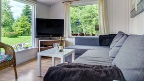 En moderne stue med en grå sofa, et fladskærms-tv, et lille bord med en flaske og glas, og en fletstol.
