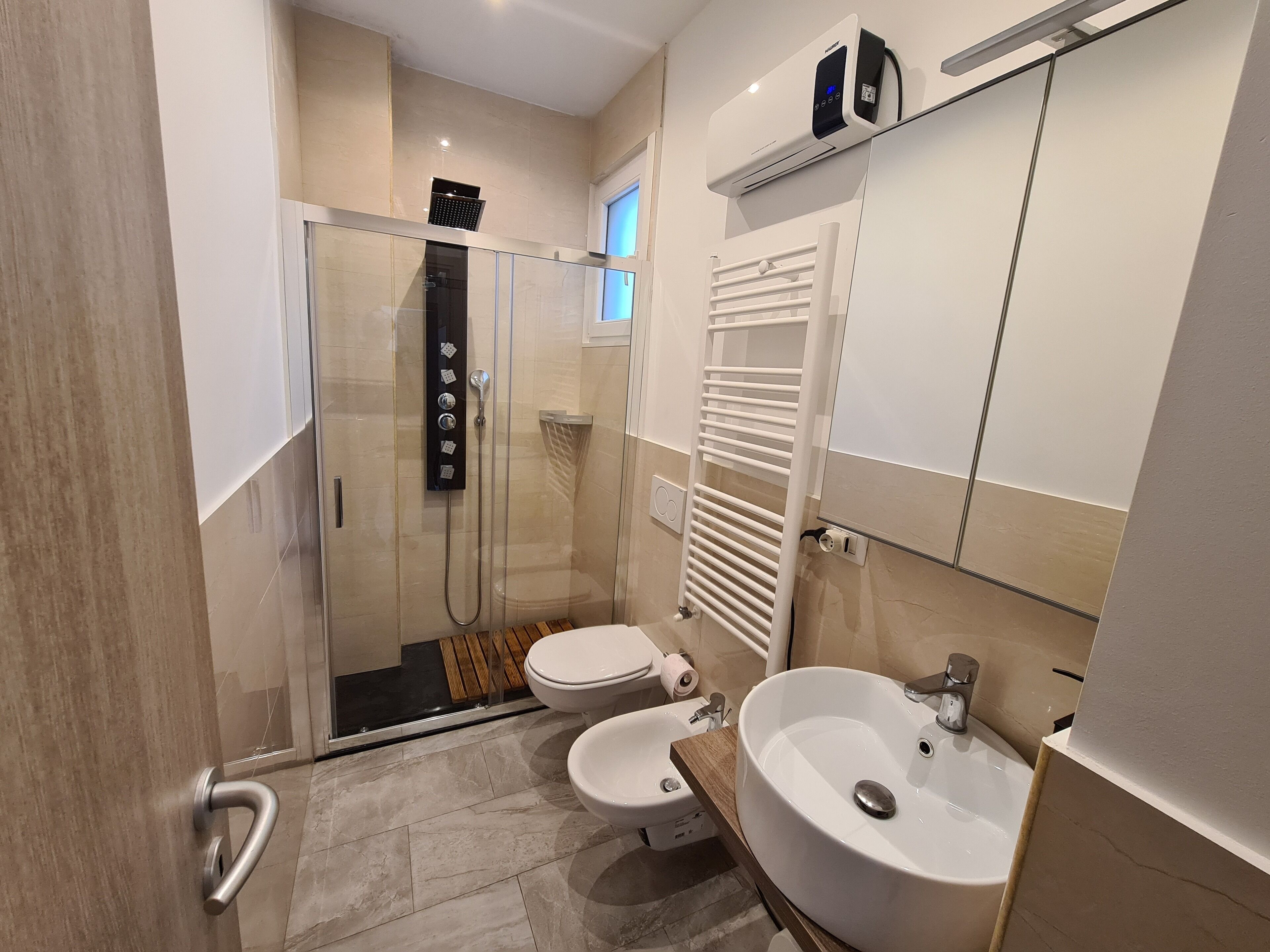 Shower, hair dryer, bidet, towels