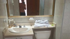 A bathroom with a sink, toilet, and a large mirror. - Edificio san thelmo laureles  (Medellín)