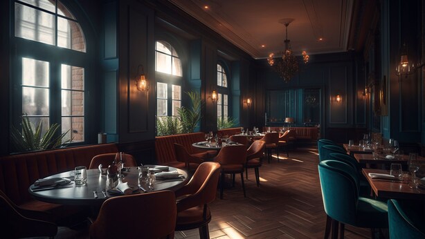 A restaurant with round tables, booths, and a herringbone floor pattern. - Bella Ella Hotel (Kasoa)