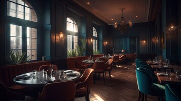 A restaurant with round tables, booths, and a herringbone floor pattern.