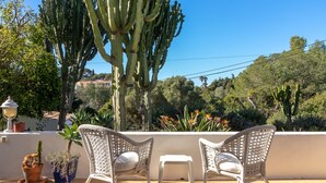 A terrace with two wicker chairs, a small table, and potted plants including a cactus.
