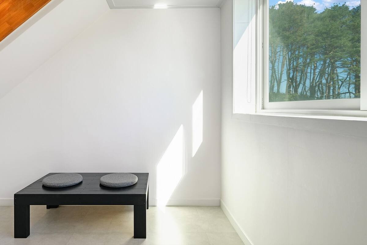 A modern, minimalist room with a sloped ceiling, a black bench with two cushions, and a window offering a view of trees.