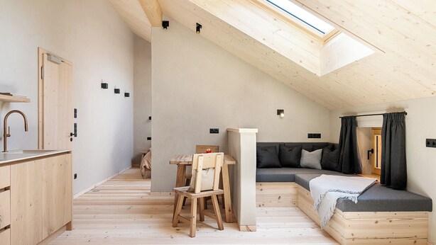 A compact, modern loft with a skylight, wooden flooring, a kitchenette, a seating area, and a sofa. - Ferienwohnung 6, 70qm (Eggstätt)