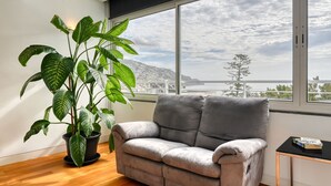 A room with a grey sofa, a large potted plant, and a view of a body of water and mountains through a large window.