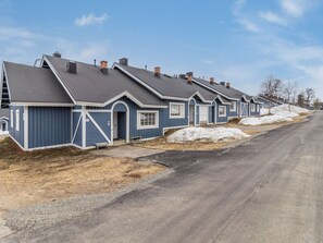 A row of blue single-story houses with attached garages, a paved driveway, and a clear sky.