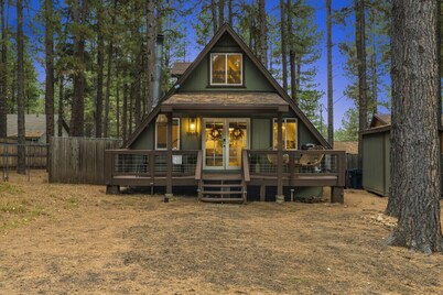 A-frame cabin, fenced-in yard