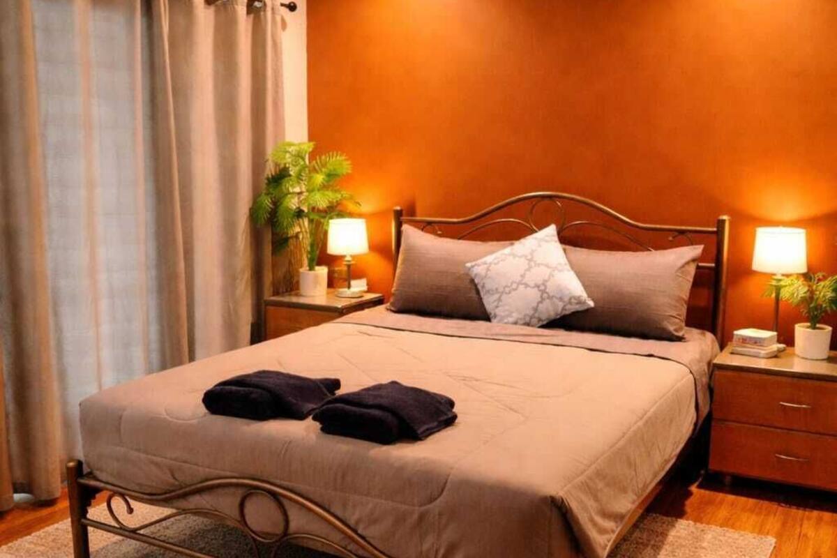 A neatly made bed with a metal frame, two pillows, and a blanket. There are two bedside tables with lamps and a potted plant.