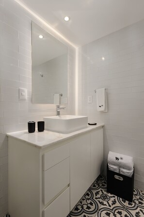 Shower, hair dryer, towels, shampoo