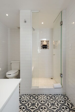 Shower, hair dryer, towels, shampoo