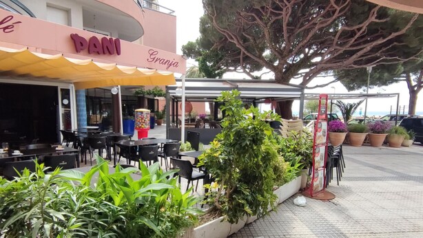 Zona de café al aire libre con mesas y sillas, plantas en macetas y un edificio con un letrero que dice "PANI Granja".