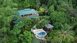 A large house surrounded by dense tropical vegetation, with a swimming pool and a thatched-roof structure nearby. - Private waterfall, Gated, Near Dominical (Quepos)