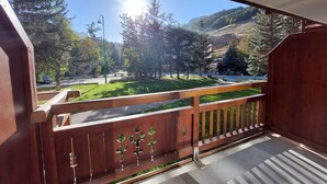 A balcony with a view of a green park, trees, and a hilly landscape. - Studio at the foot of the slopes with balcony and pets allowed (Les Deux Alpes)