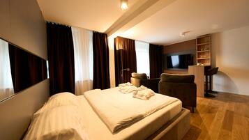 Business appartement, keuken | 1 slaapkamer, lakens van Egyptisch katoen, luxe beddengoed