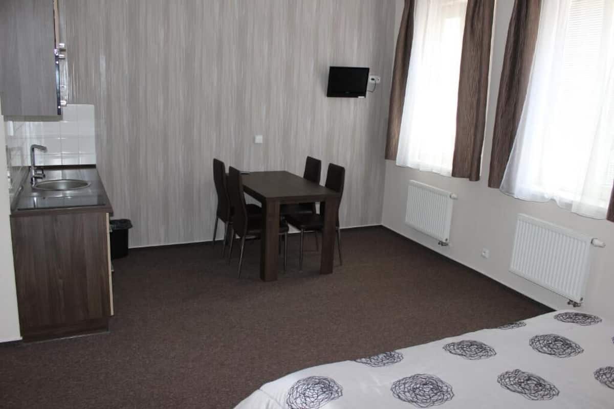 Une chambre d’hôtel compacte comprenant un coin cuisine, une table à manger avec des chaises, un lit avec une literie à motifs et un téléviseur fixé au mur.