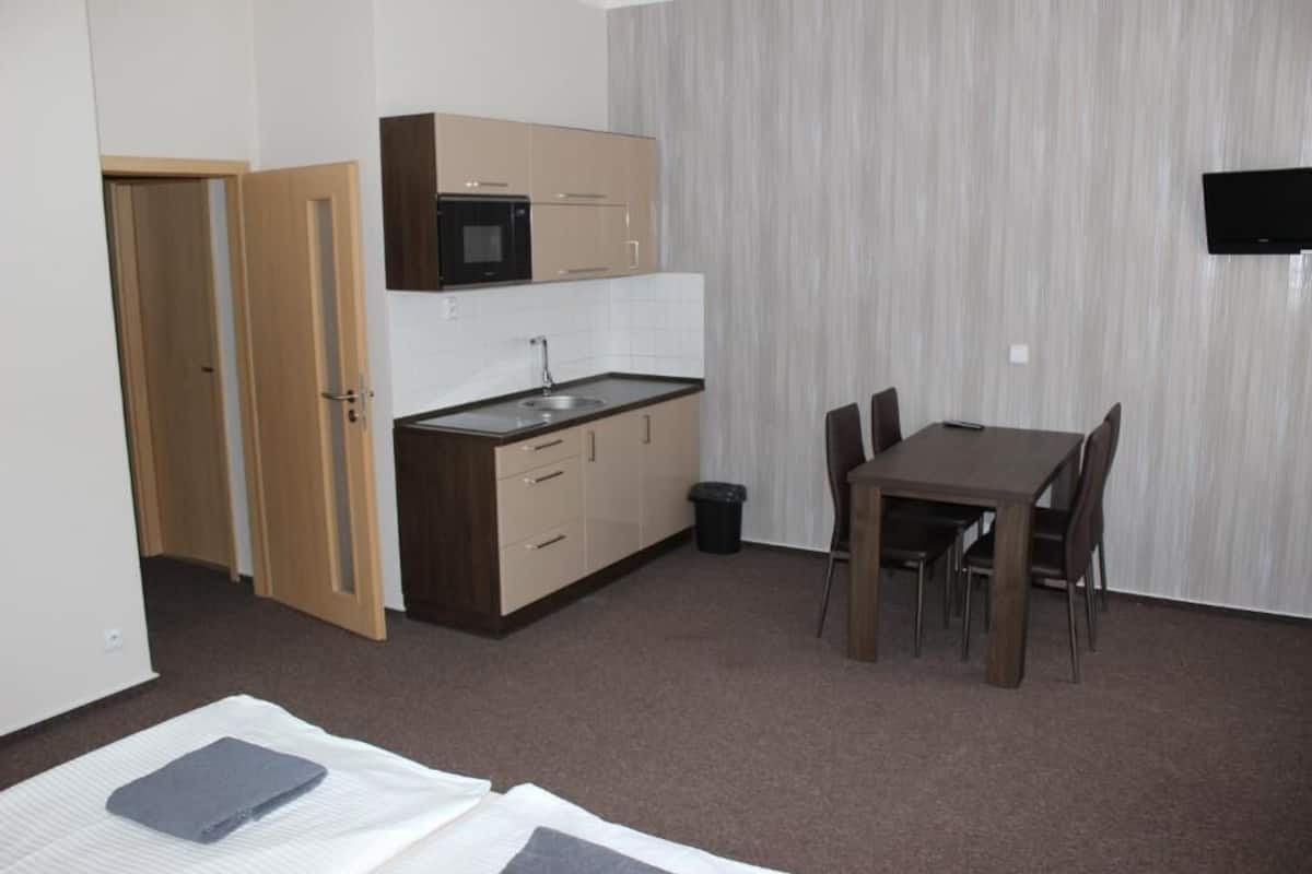 Fridge, microwave, stovetop, cookware/dishes/utensils