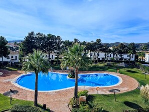 A swimming pool surrounded by palm trees and a brick pathway, with white buildings in the background.