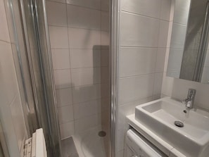 A bathroom with a glass shower enclosure, a white sink, and a mirror above the sink.