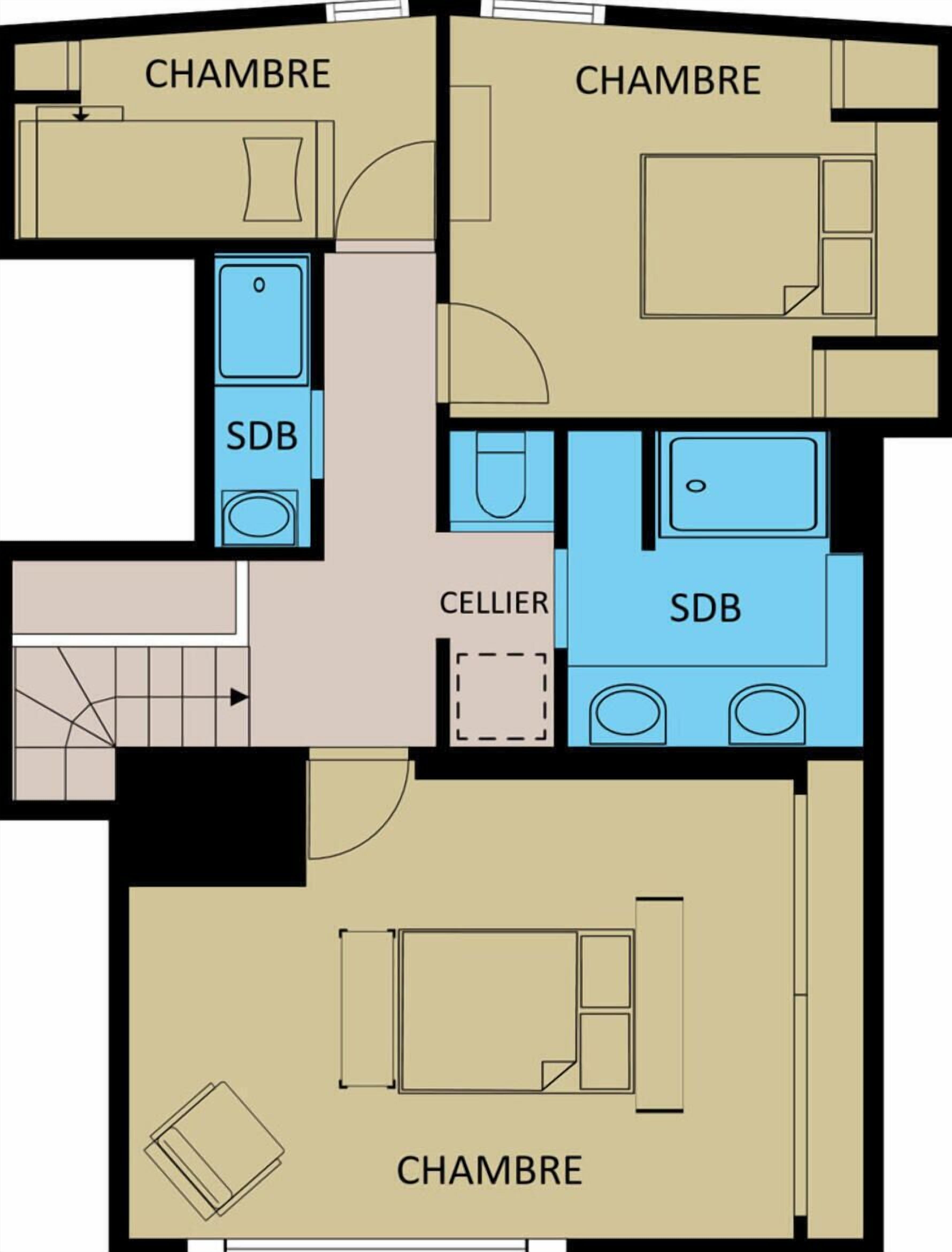 Ein Grundriss mit drei Schlafzimmern, zwei Bädern, einem Wohnzimmer und einer Küche.
