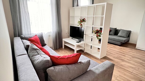 Una sala de estar moderna con un sofá gris, un mueble de entretenimiento blanco y un sofá gris.