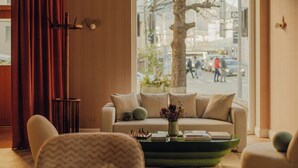 A cozy living room with a sofa, a coffee table with books and a vase, and a view of a tree and street outside. - Design Hotel zum Hirschen Salzburg (Salzburg)