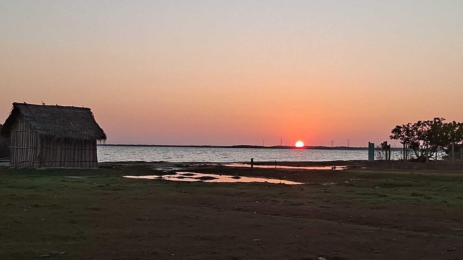 A sunset over a beach with a thatched-roof hut and a fence with trees.