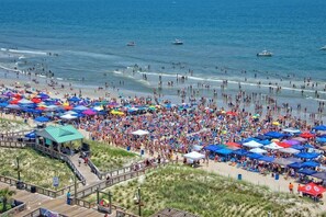 A crowded beach with numerous umbrellas and people enjoying the seaside.