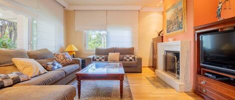 A living room with a sofa set, a coffee table, a fireplace, and a television.