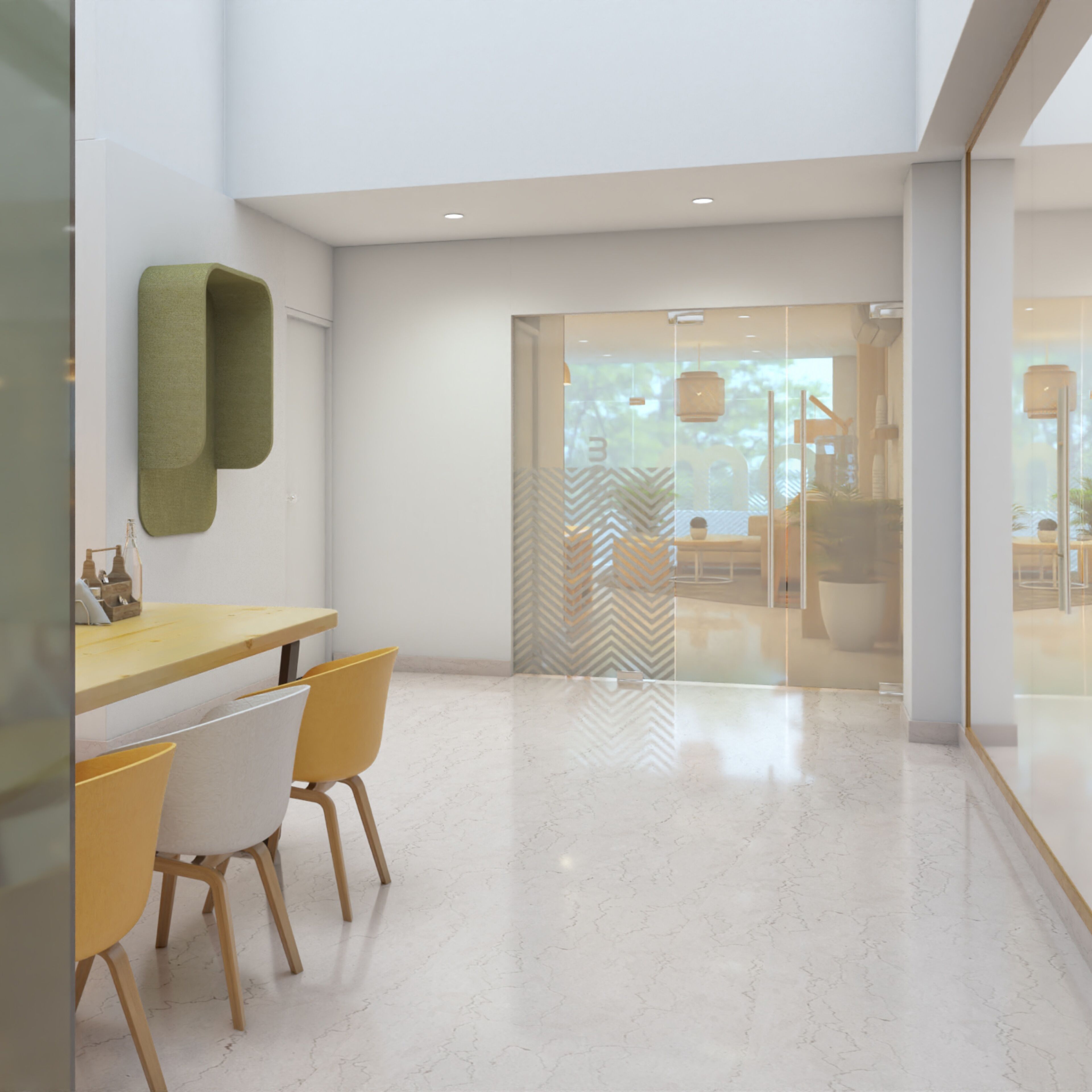 A modern interior with a wooden counter, yellow chairs, and a glass partition.