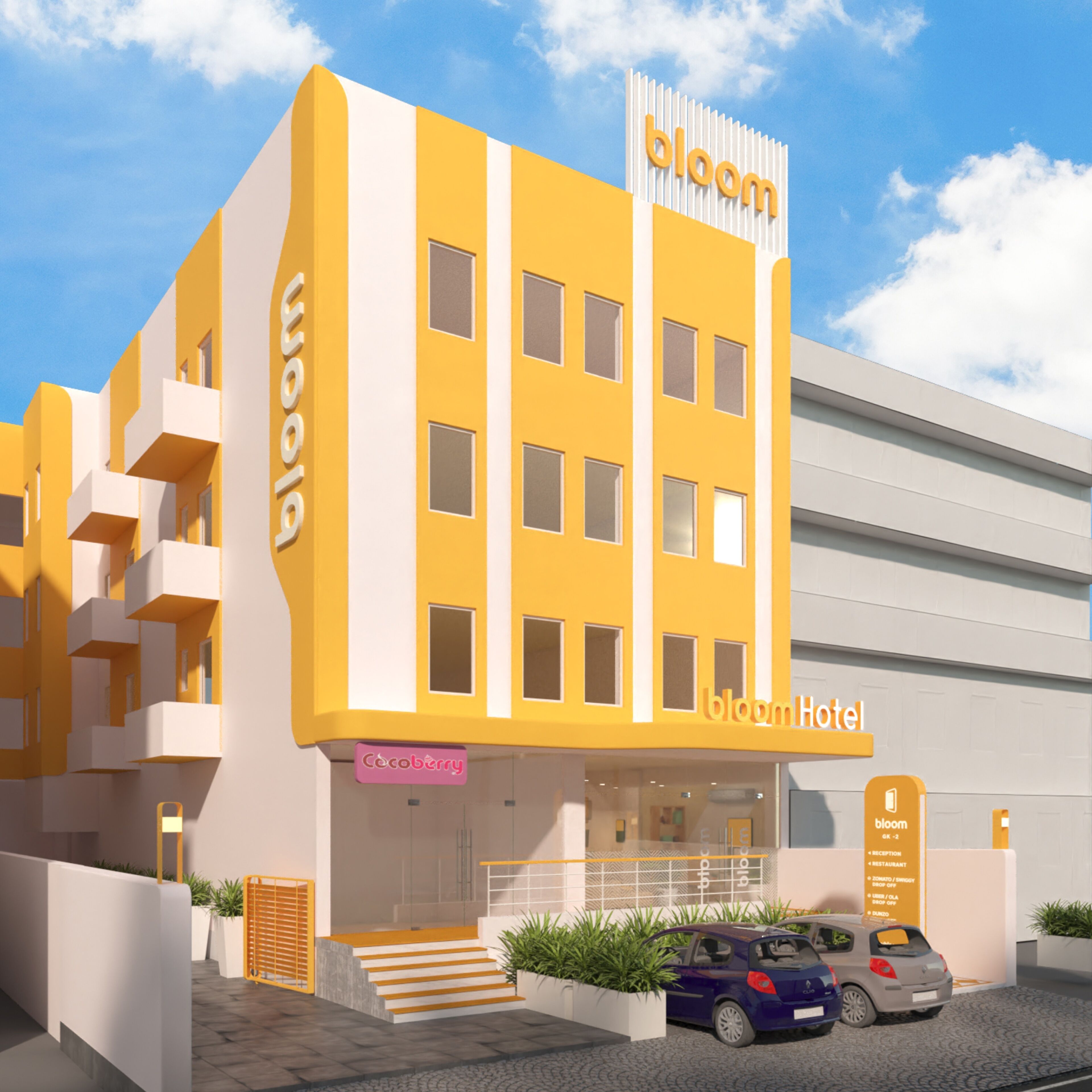 Un hotel moderno con fachada amarilla, balcones y un letrero que dice 'bloom Hotel'.