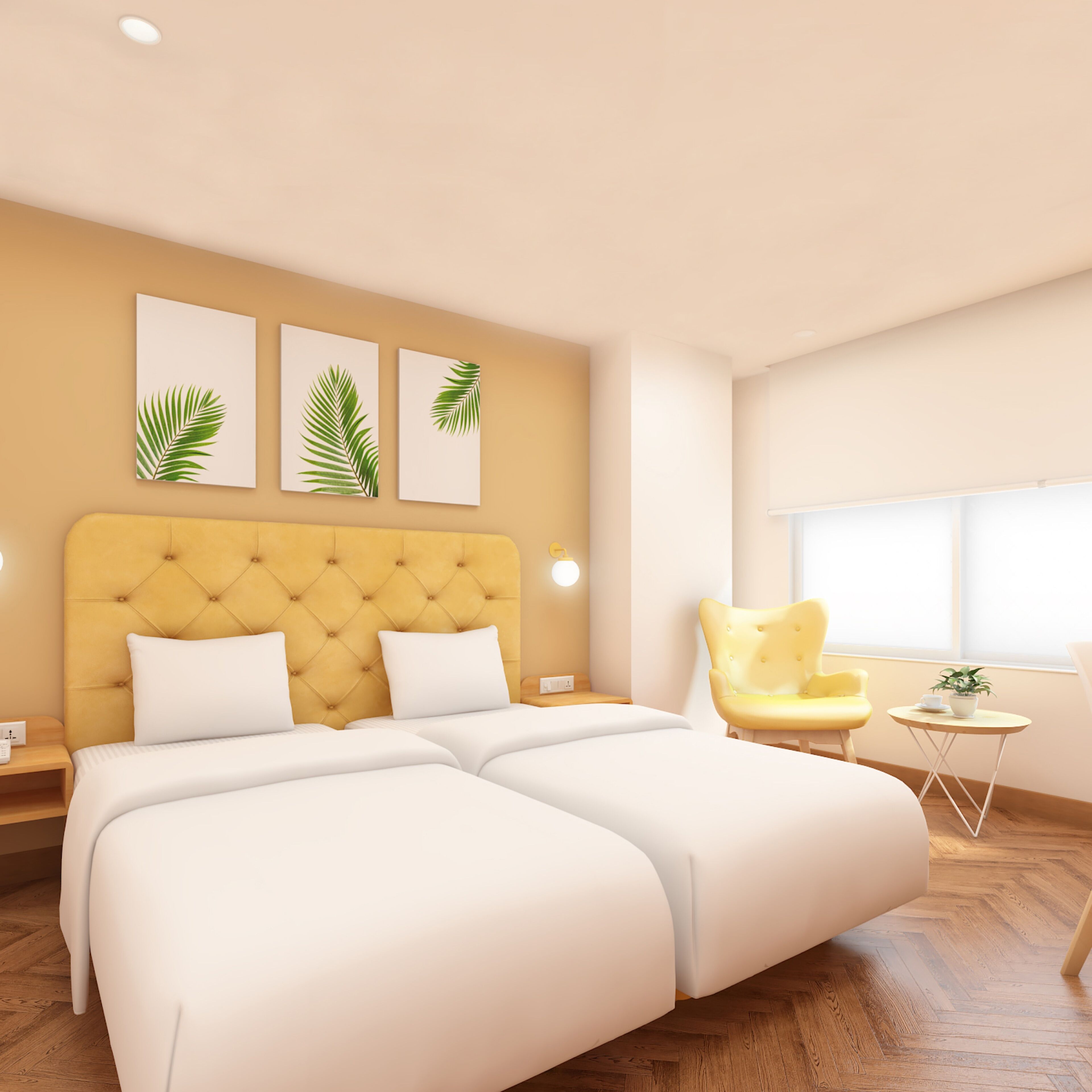 Un dormitorio moderno con un cabecero capitonado, una cama doble, un sillón amarillo y tres láminas con motivos de hojas en la pared.
