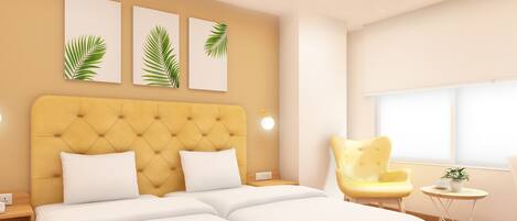 Un dormitorio moderno con un cabecero capitonado, una cama doble, un sillón amarillo y tres láminas con motivos de hojas en la pared.