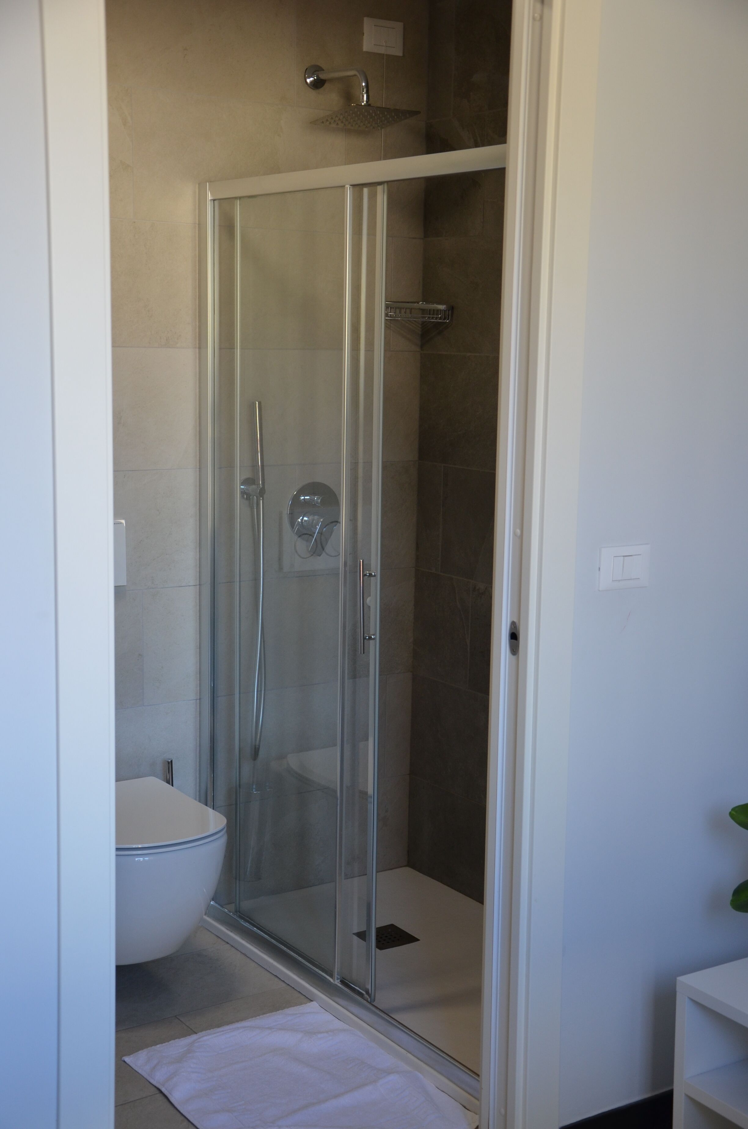 A glass-enclosed shower with a white toilet and a white sink in a bathroom.