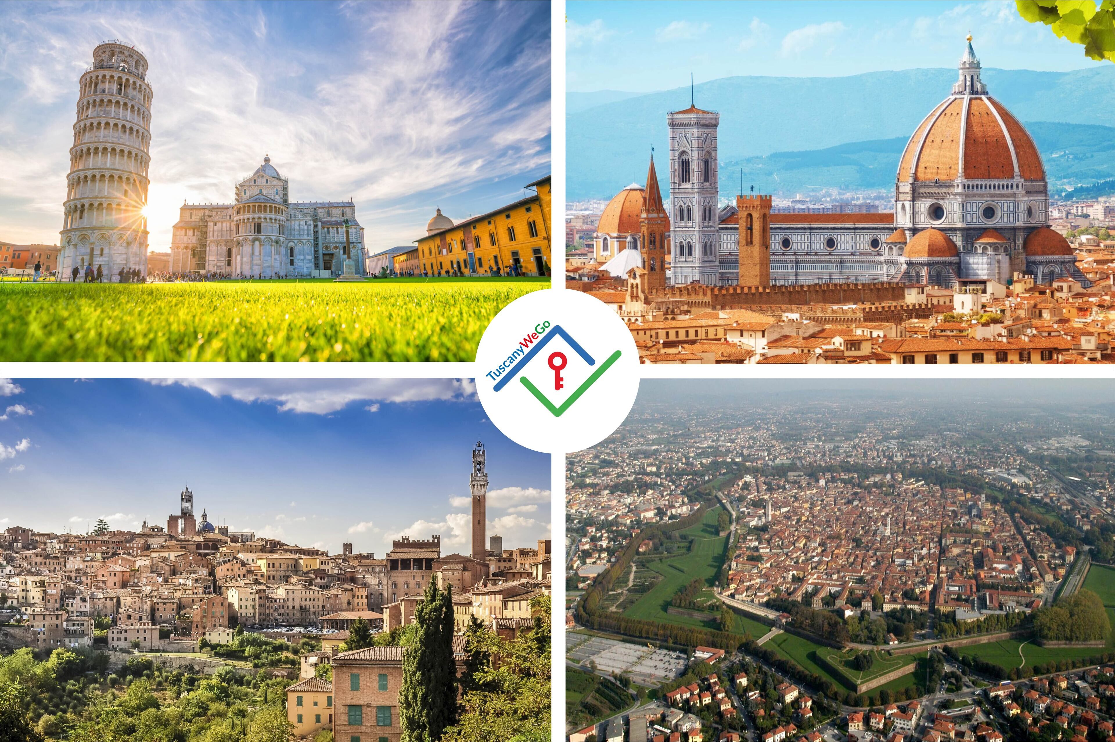 Un montage de quatre monuments italiens célèbres : la tour penchée de Pise, la cathédrale de Florence, le Palazzo Vecchio et la ville de Sienne.