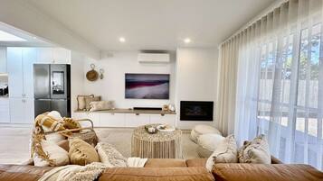 TV, fireplace, books, stereo