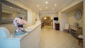A spacious living area with a marble reception desk, a large mirror, a stone fireplace, and a television mounted on the wall. - Villa Antonietta Ischia  (Forio)