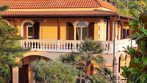 A Mediterranean-style villa with a tiled roof, a garden with palm trees, and a paved pathway leading to the entrance. - Villa Antonietta Ischia  (Forio)