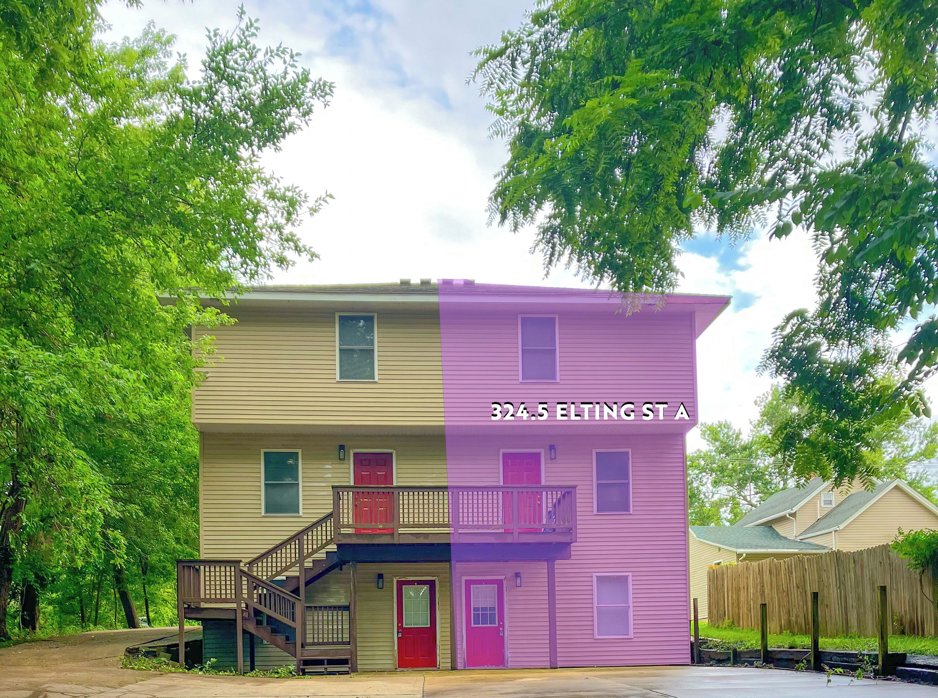 A two-story building with a purple and beige facade, marked with the address 324.5 Elting St A.